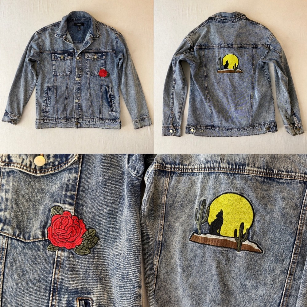 Forever 21 Acid Wash Western Wolf and Rose Patch Denim Jacket Women Medium Blue